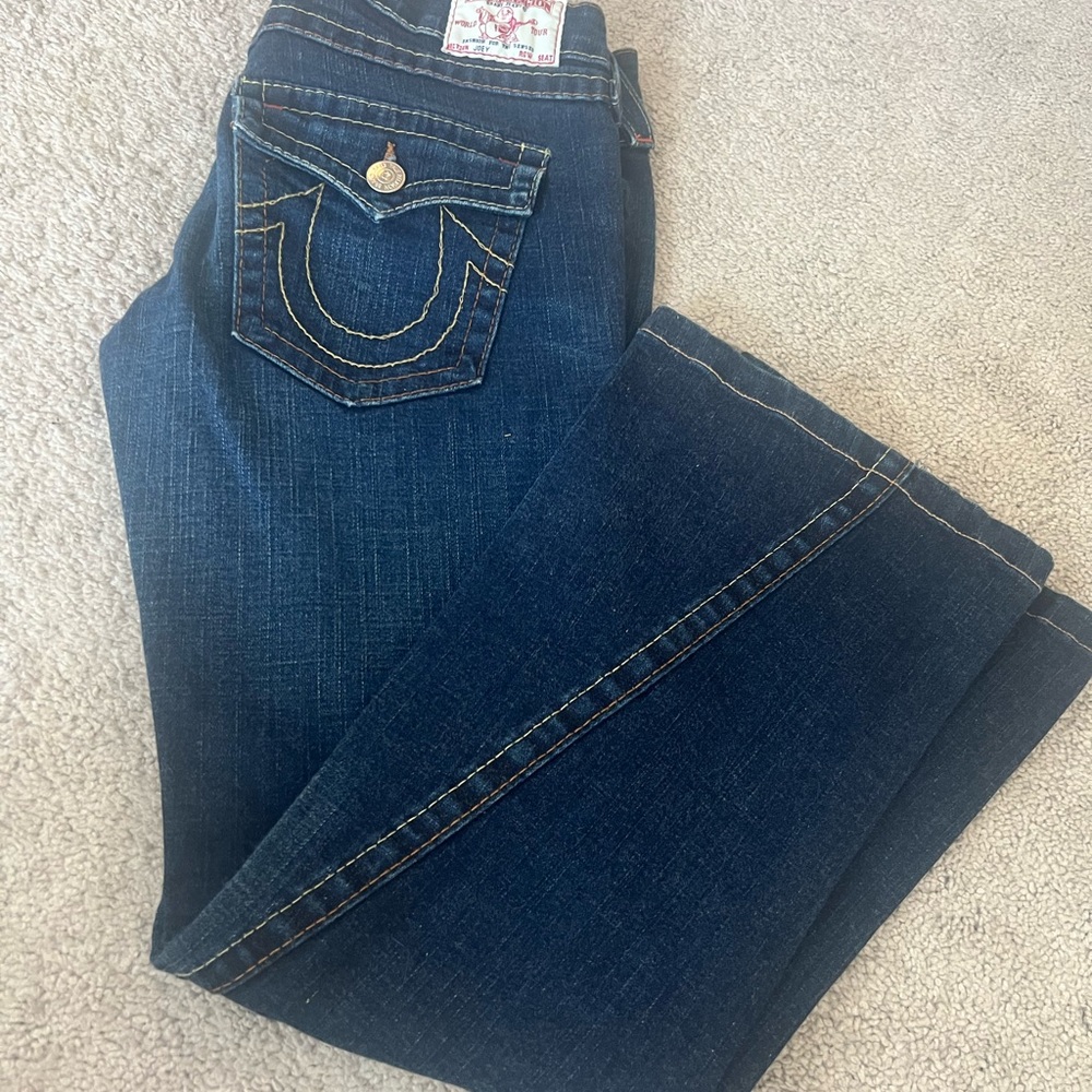 True Religion Joey Blue Boot Cut Jeans with Signature Stitching